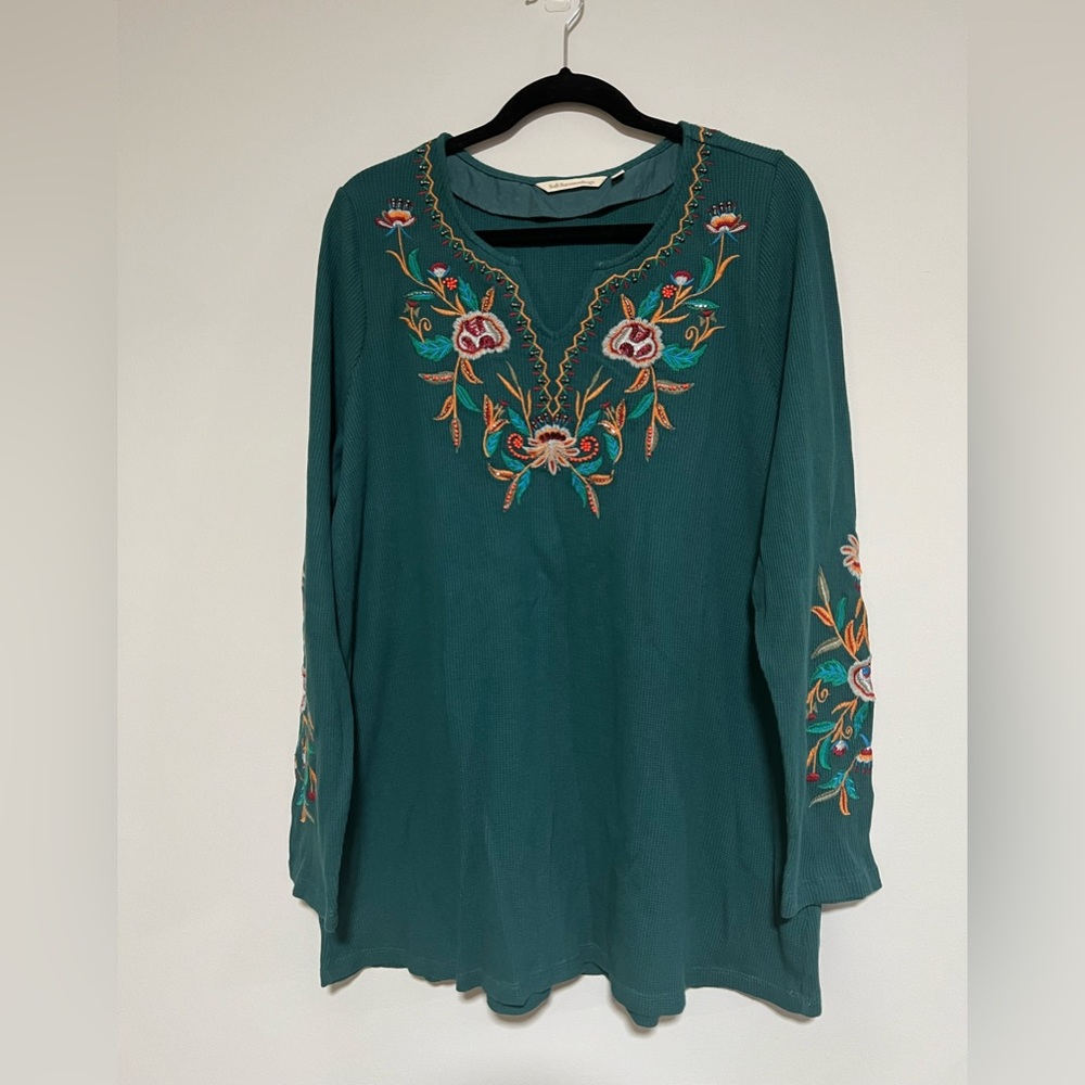 Soft Surroundings Teal Embroidered Top